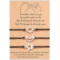 KINGSIN Friendship Relationship Bracelets Gifts Best Friend Besties Family Sisters Granddaughters Daughters set for 3 Pinky Promise Sun Moon Star Matching Bracelets Jewelry Gifts for Women Teens Girls-	 K004-Moon Sun Star -3pcs