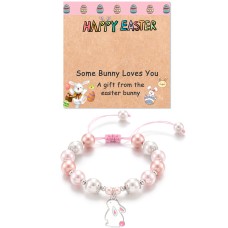 KINGSIN Easter Gifts for Girls Bunny Rabbit Charm Bracelets First Easter Basket Stuffer Ideas Gifts Presents for Girls Teens Teenagers Granddaughter Daughter Sister Niece Friends Cousin 3-5 8-12 10-12-K031-pink white bunny